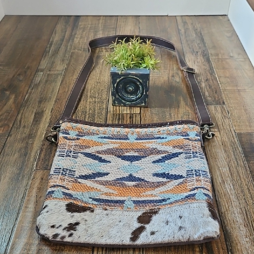 Myra Bag Brown Cream & Blue‎ Aztec Print/ Calf Hair/ Cow Print Crossbody Bag
